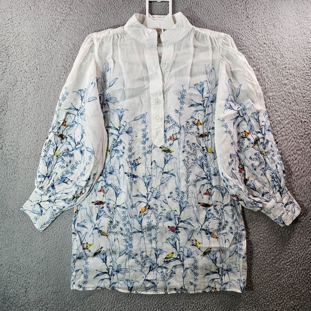 Banana Republic White and Blue Floral Bird Print Shirt Dress